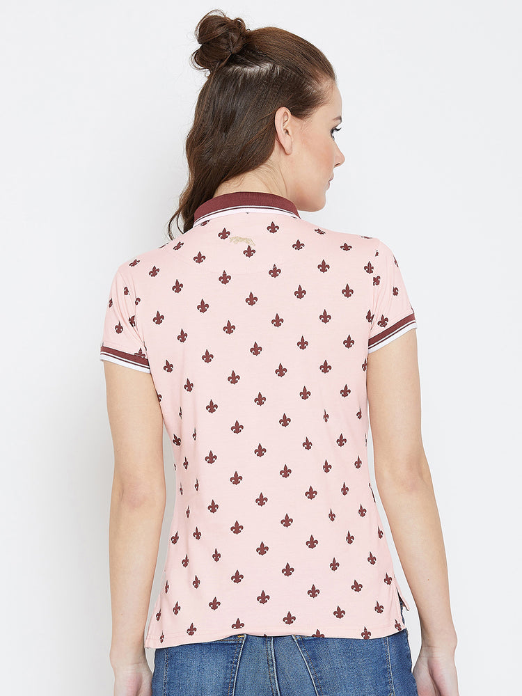 JUMP USA Women Pink Printed Polo Collar T-Shirt - JUMP USA