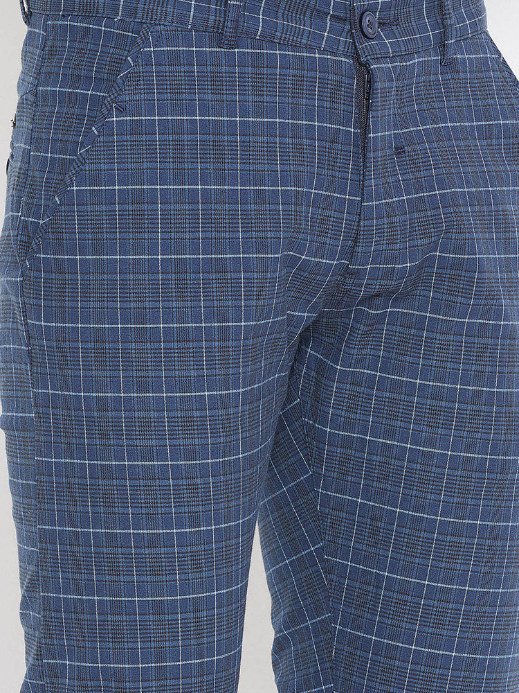 Men Blue Relaxed Fit Casual Checked Chinos - JUMP USA