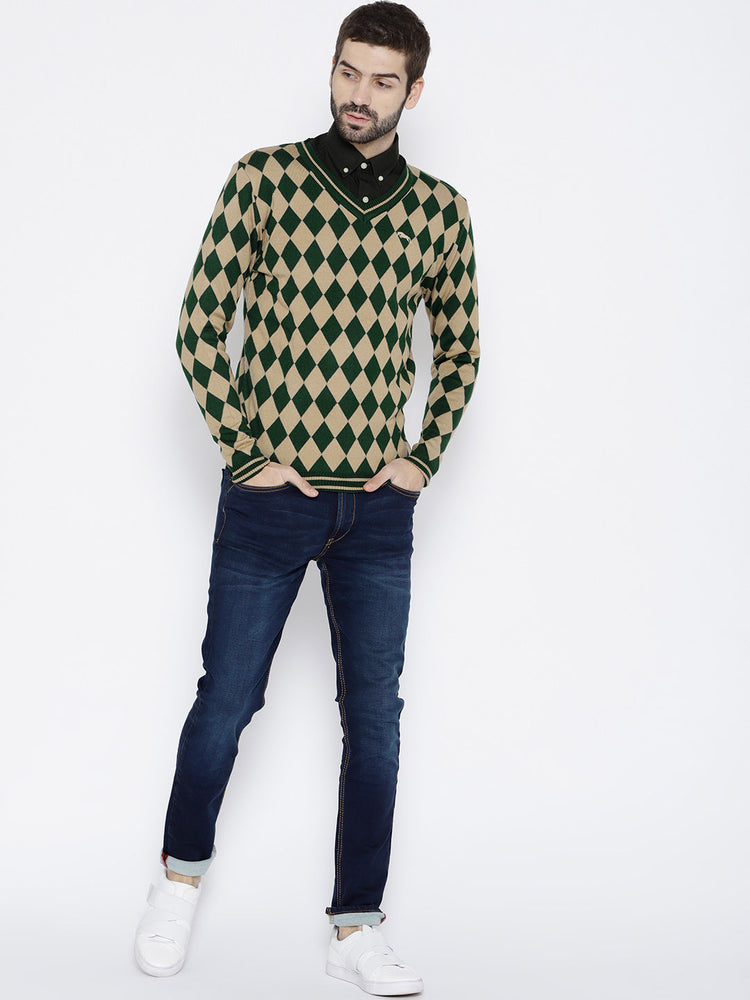 Men Green and Beige Colourblocked Pullover - JUMP USA