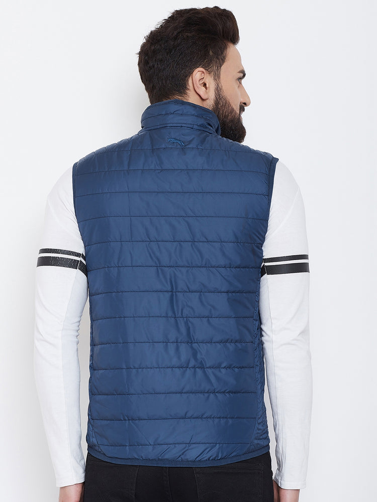 JUMP USA Men Blue Sleevless Solid Bomber Jacket - JUMP USA