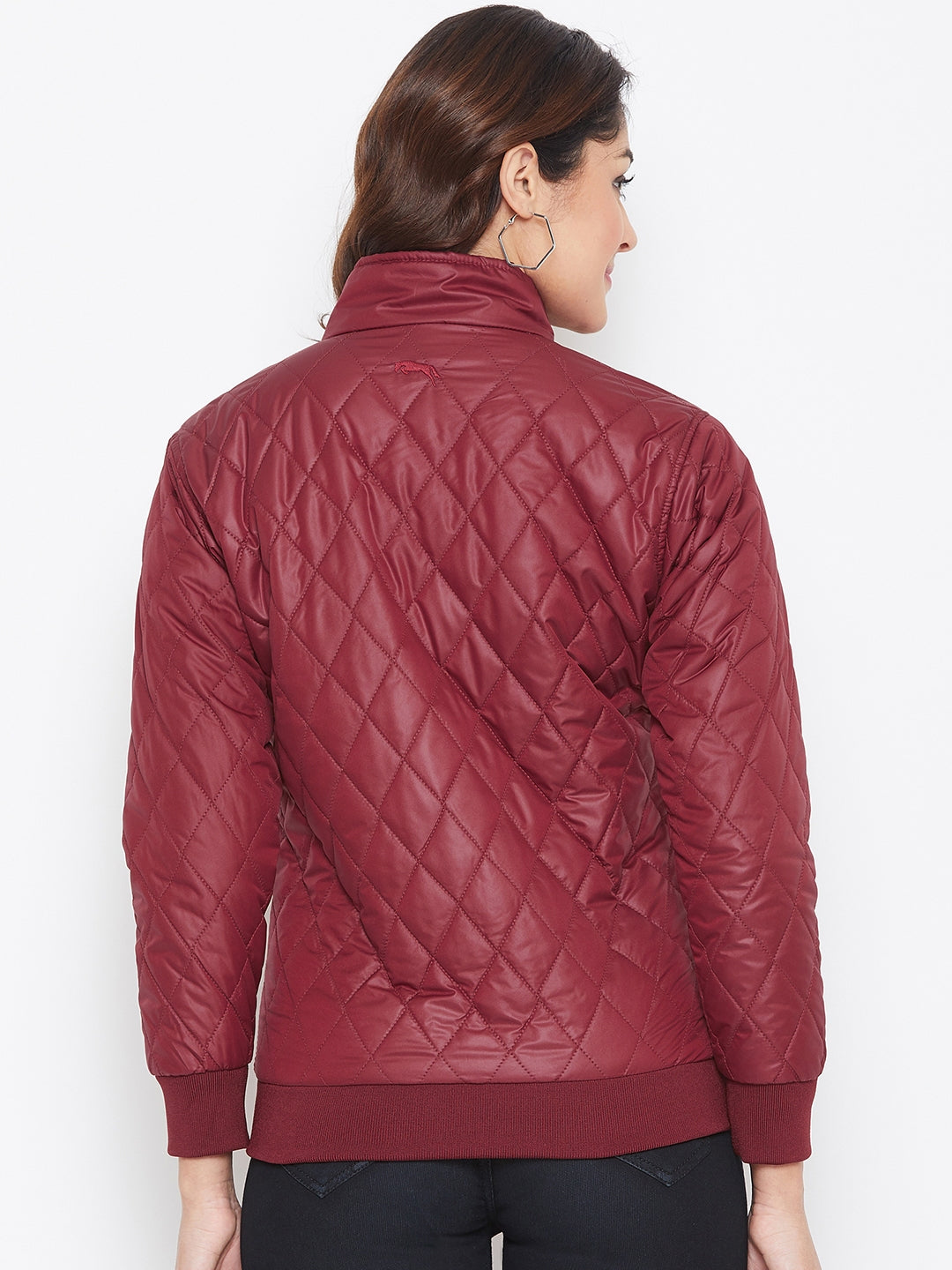 JUMP USA Women Maroon Self Design Jacket - JUMP USA