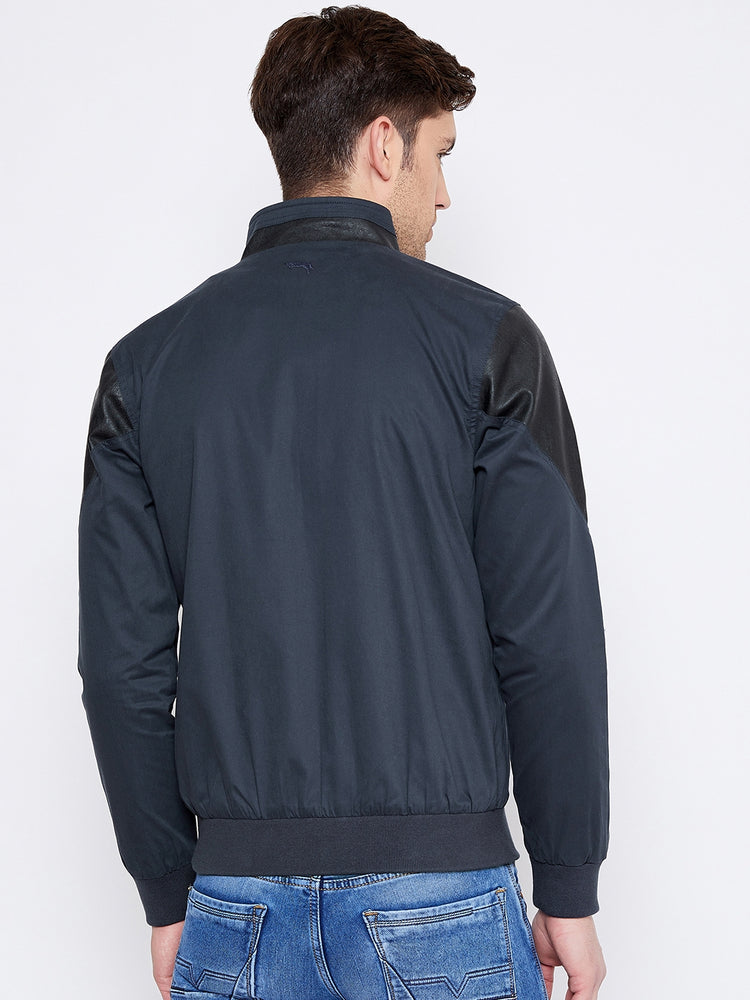 JUMP USA Men Navy Blue Solid Casual Bomber Jacket - JUMP USA