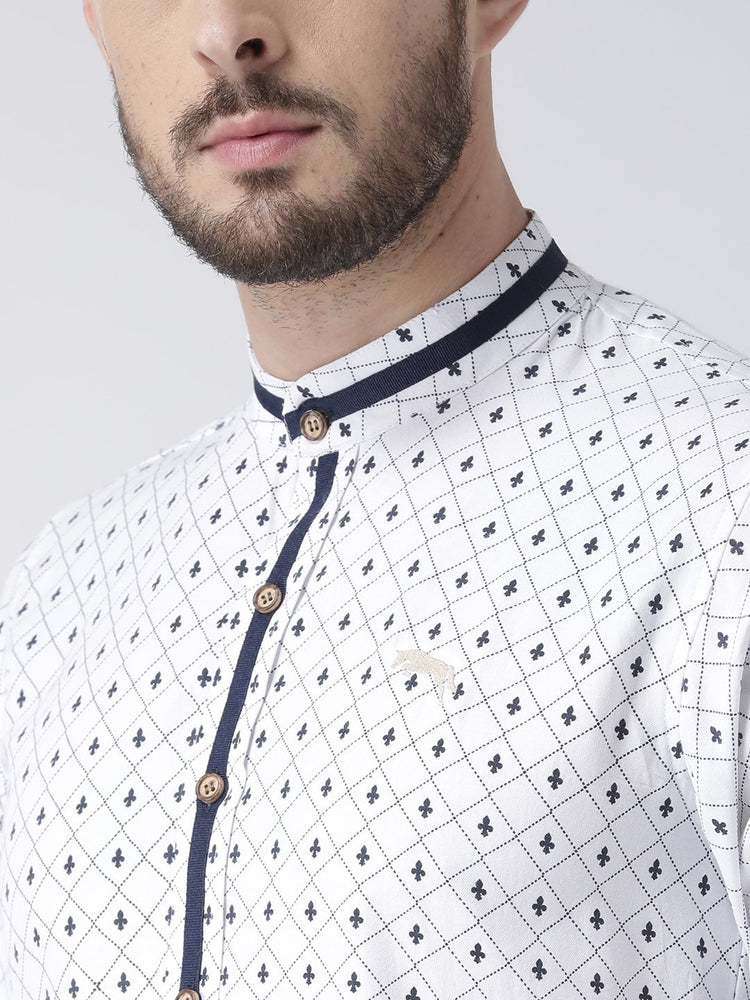Men White Printed Cotton Slim Fit Shirt - JUMP USA