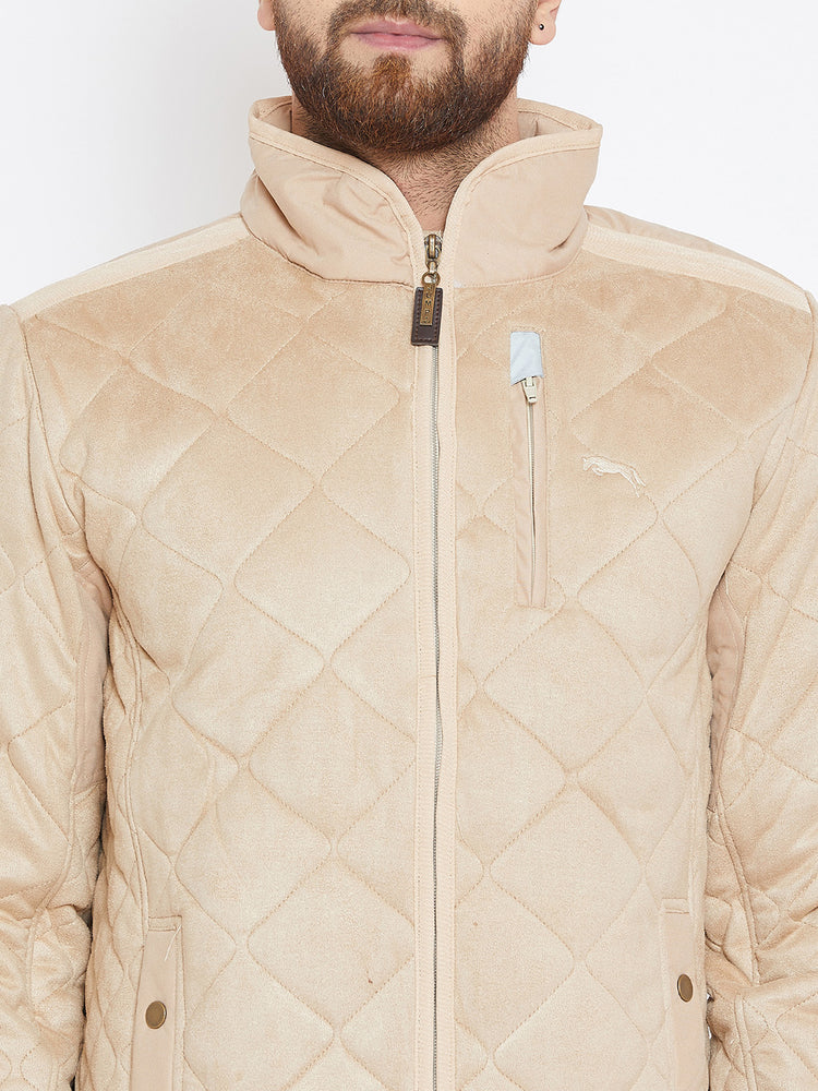 Men Beige Solid Quilted Jacket - JUMP USA