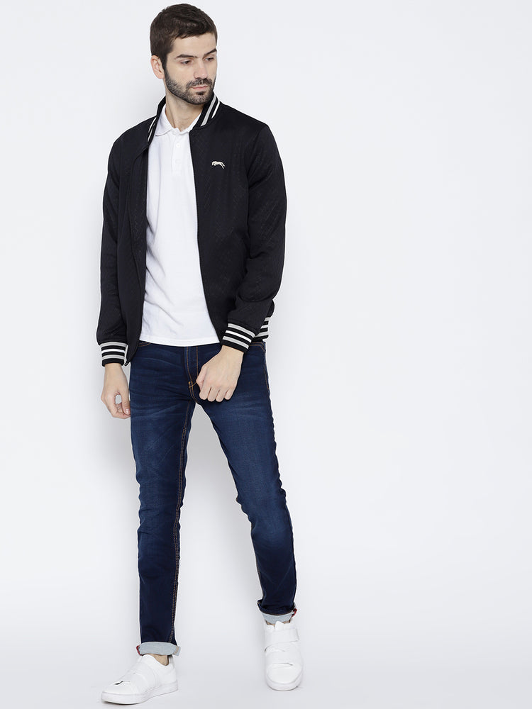 Men Navy Blue self Design Jacket - JUMP USA