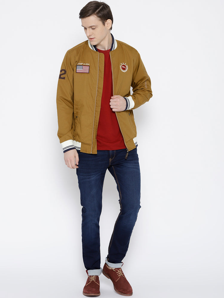 Men Khaki Solid Bomber Jacket - JUMP USA