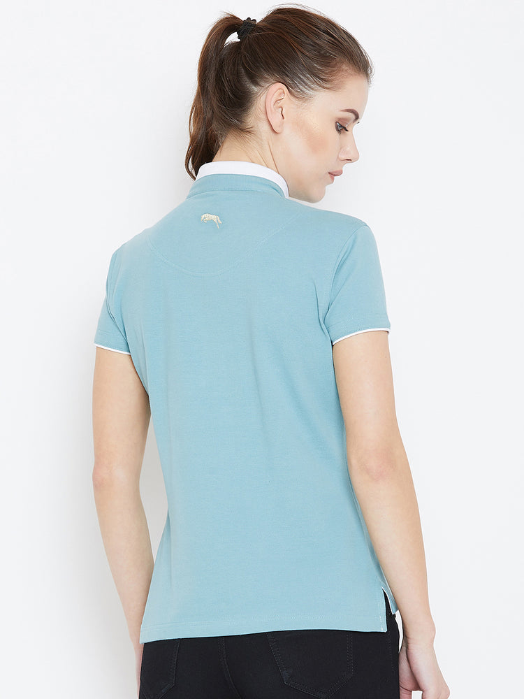 Women Blue Solid Casual Polo T-shirts - JUMP USA