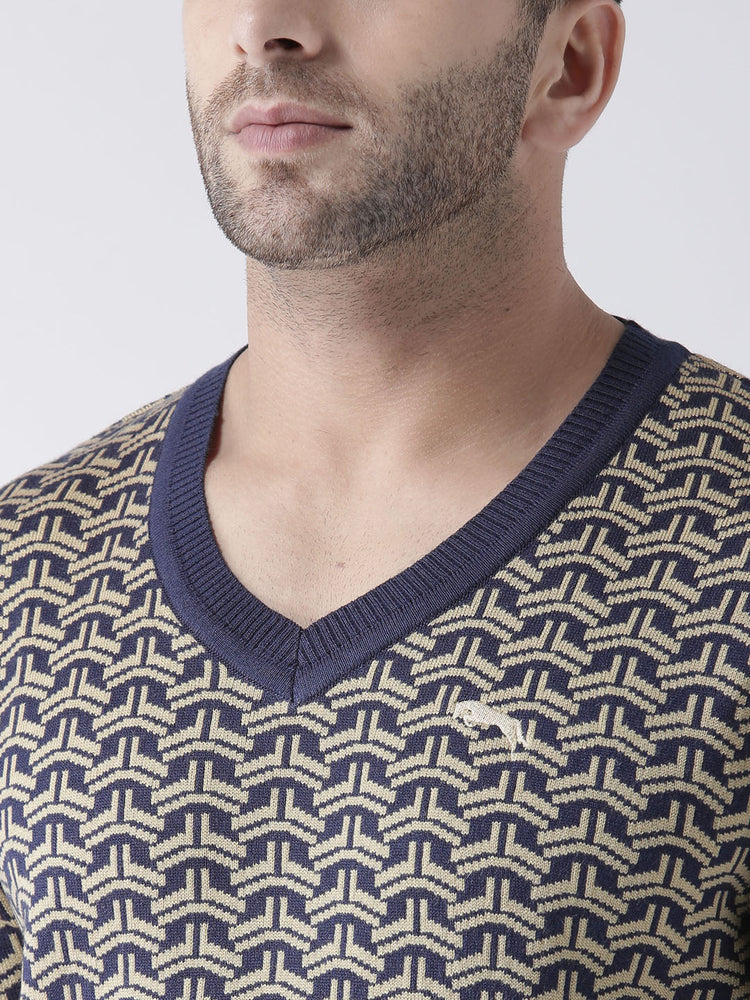 Men Navy Blue and Beige Colourblocked Pullover - JUMP USA