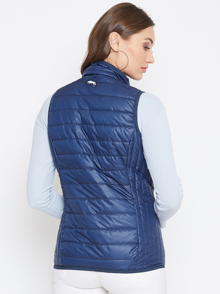 JUMP USA Women Blue Sleevless Solid Bomber Jacket - JUMP USA