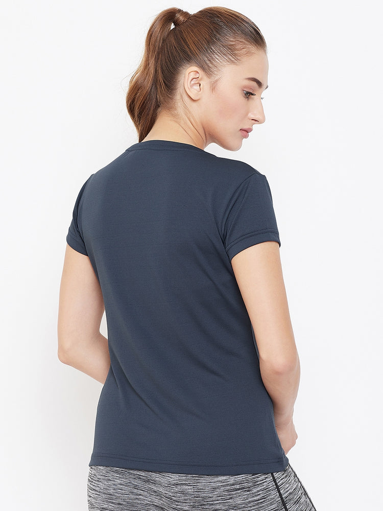 Women Navy Blue Active Wear V-neck T-shirt - JUMP USA