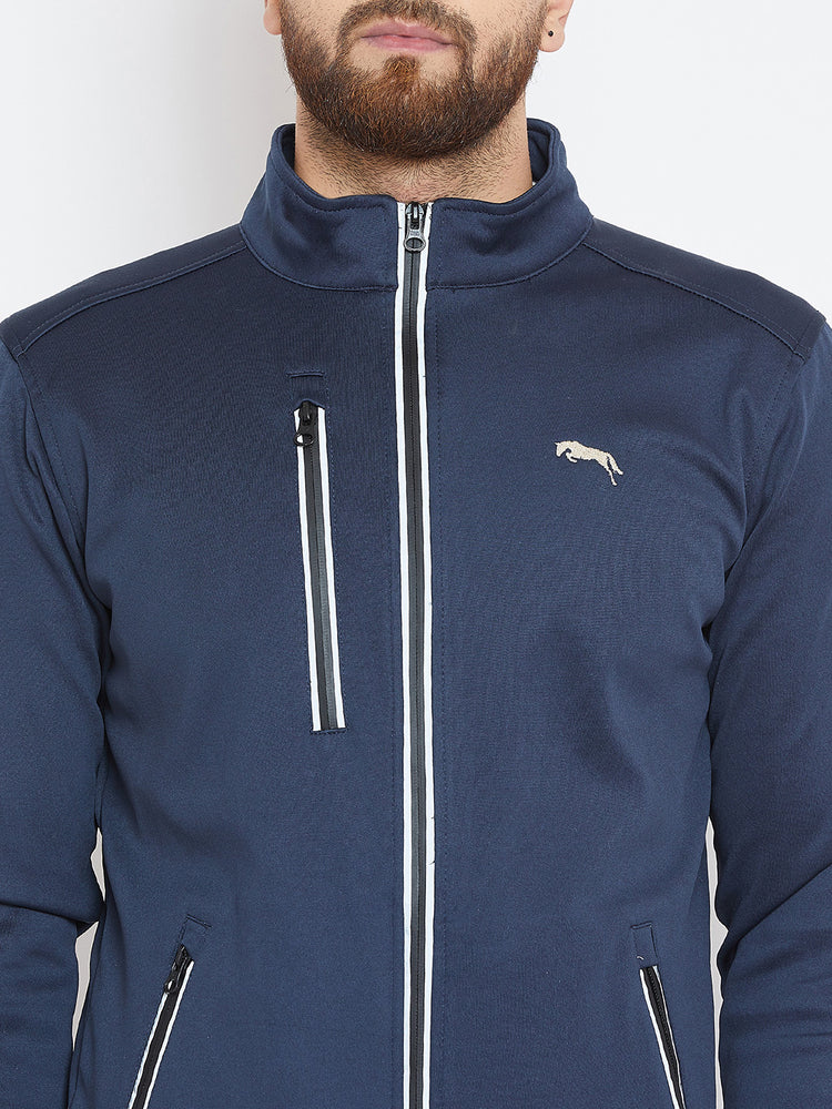 Men Navy Blue Solid Sporty Jacket - JUMP USA