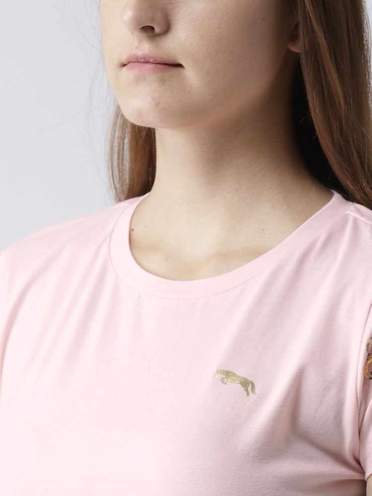 Women Solid Pink T-Shirt - JUMP USA