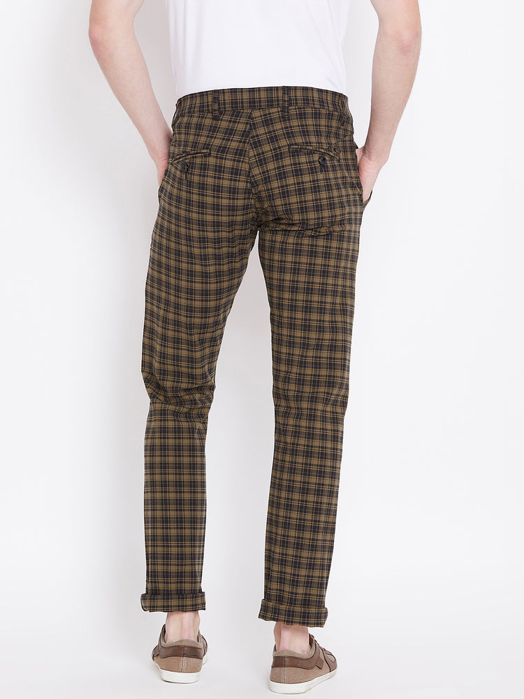 Men Brown Checked Casual Slim Fit Trousers - JUMP USA