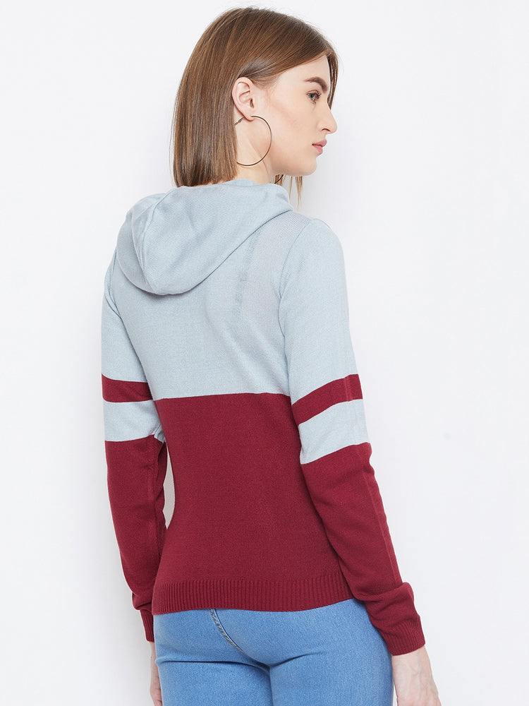 JUMP USA Women Blue & Red Colourblocked Hooded Sweater - JUMP USA