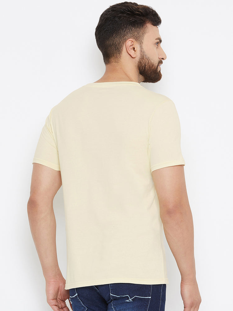 Men Beige Solid V Neck T-shirt - JUMP USA