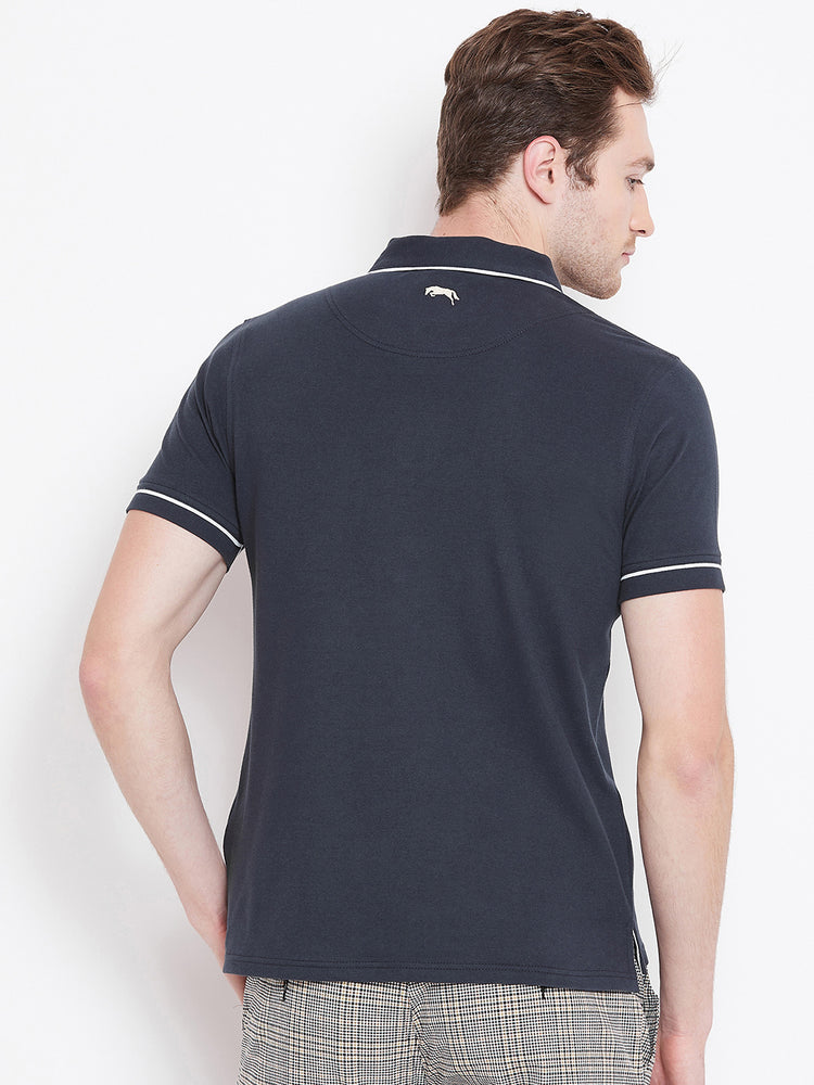 Men Navy Blue Solid Casual Polo T-shirts - JUMP USA