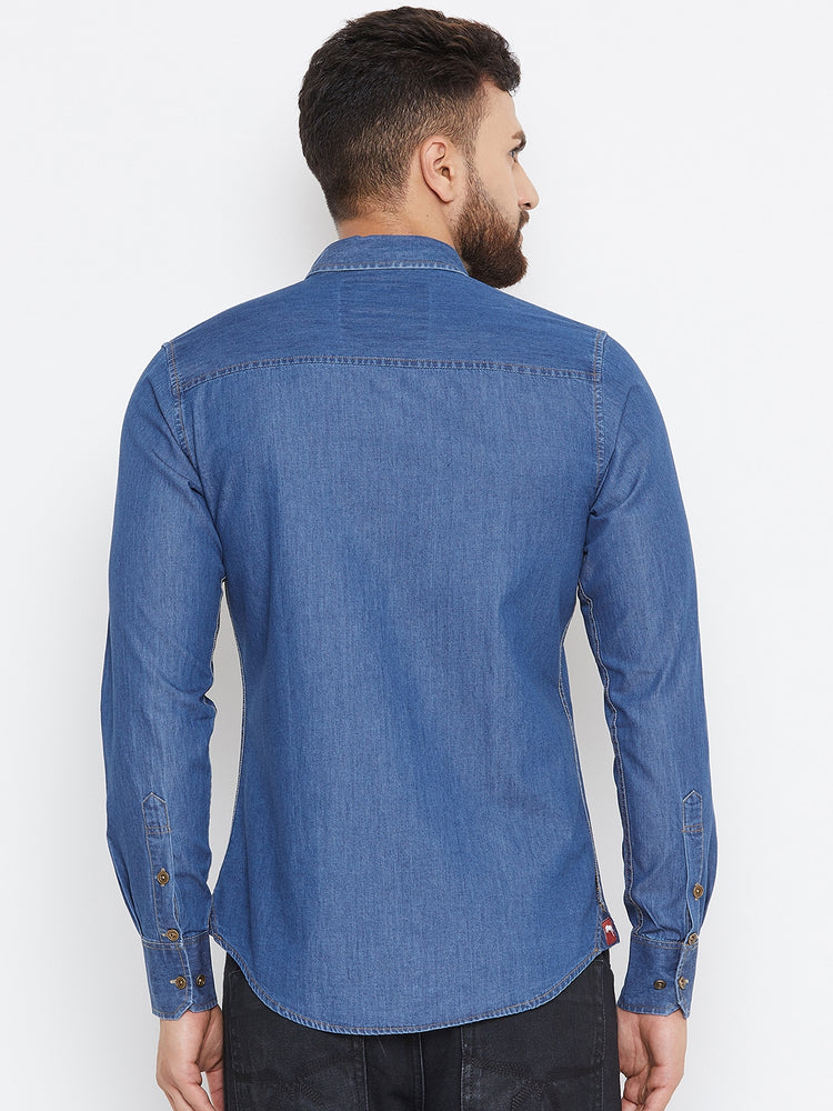 Men Dark Blue Washed Slim Fit Casual Shirt - JUMP USA