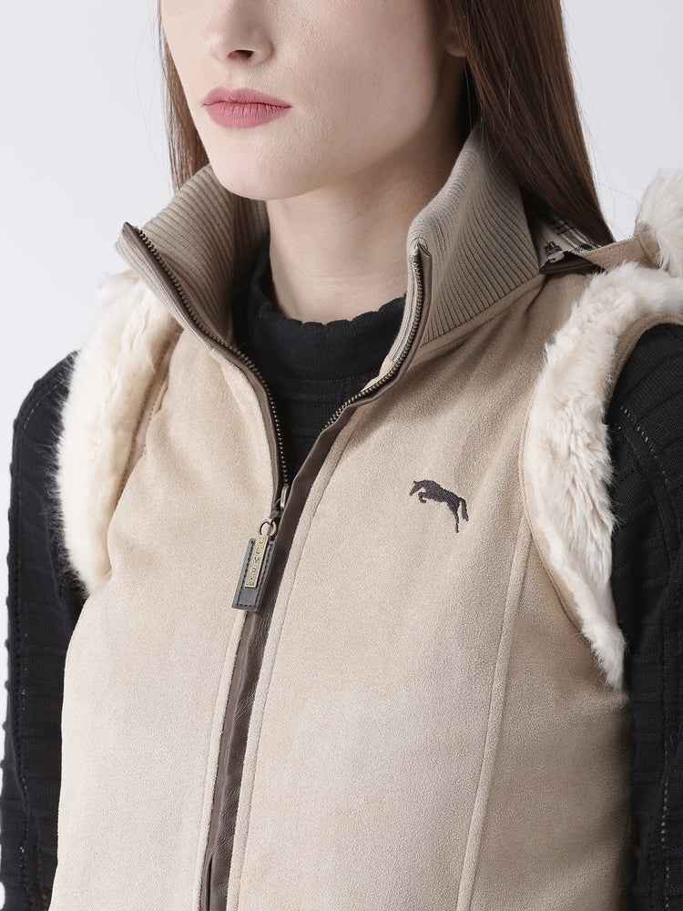 Women Polyster Casual Sleeveless Beige Winter Jacket - JUMP USA (1568776421418)