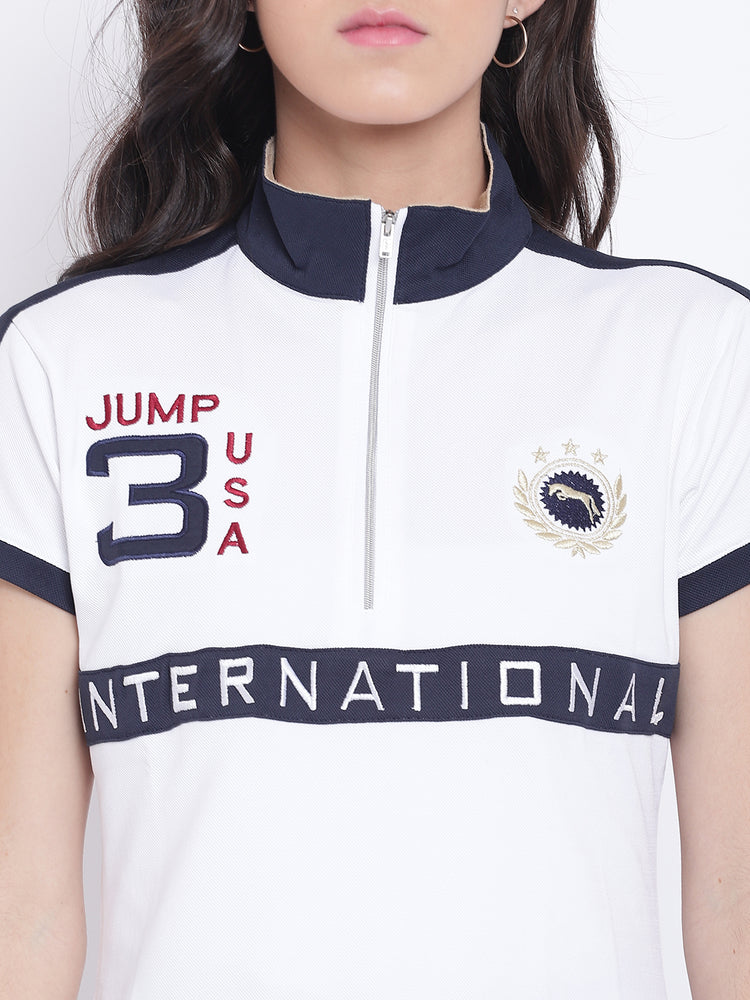 Women White Casual Polo Collar T-Shirt - JUMP USA