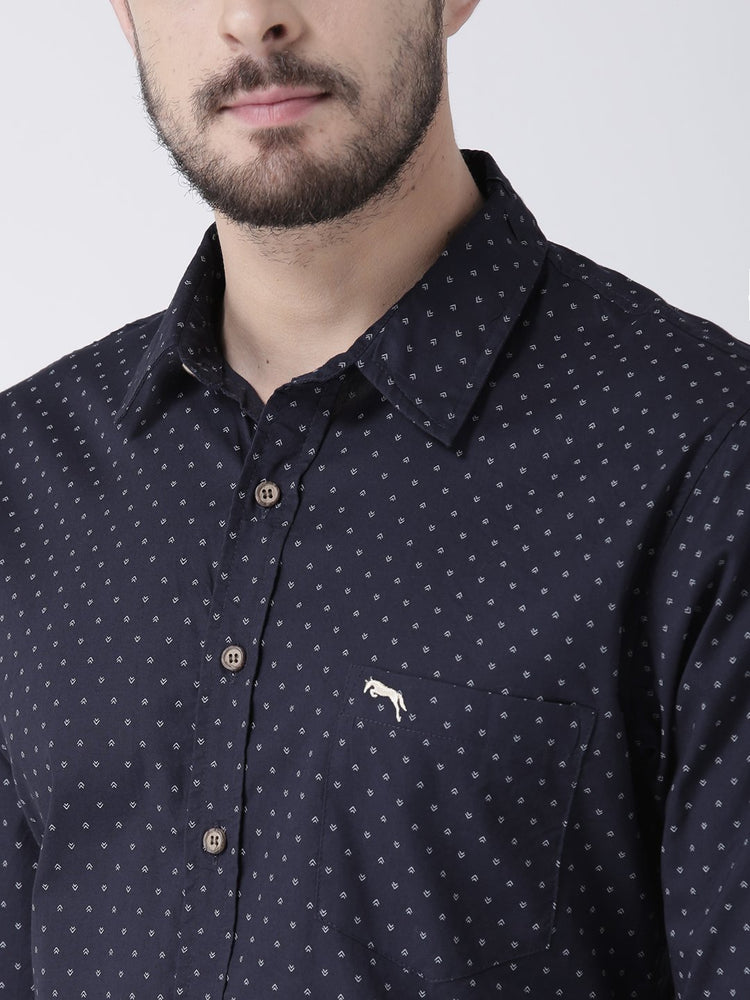 Men Navy Blue Printed Cotton Slim Fit Shirt - JUMP USA