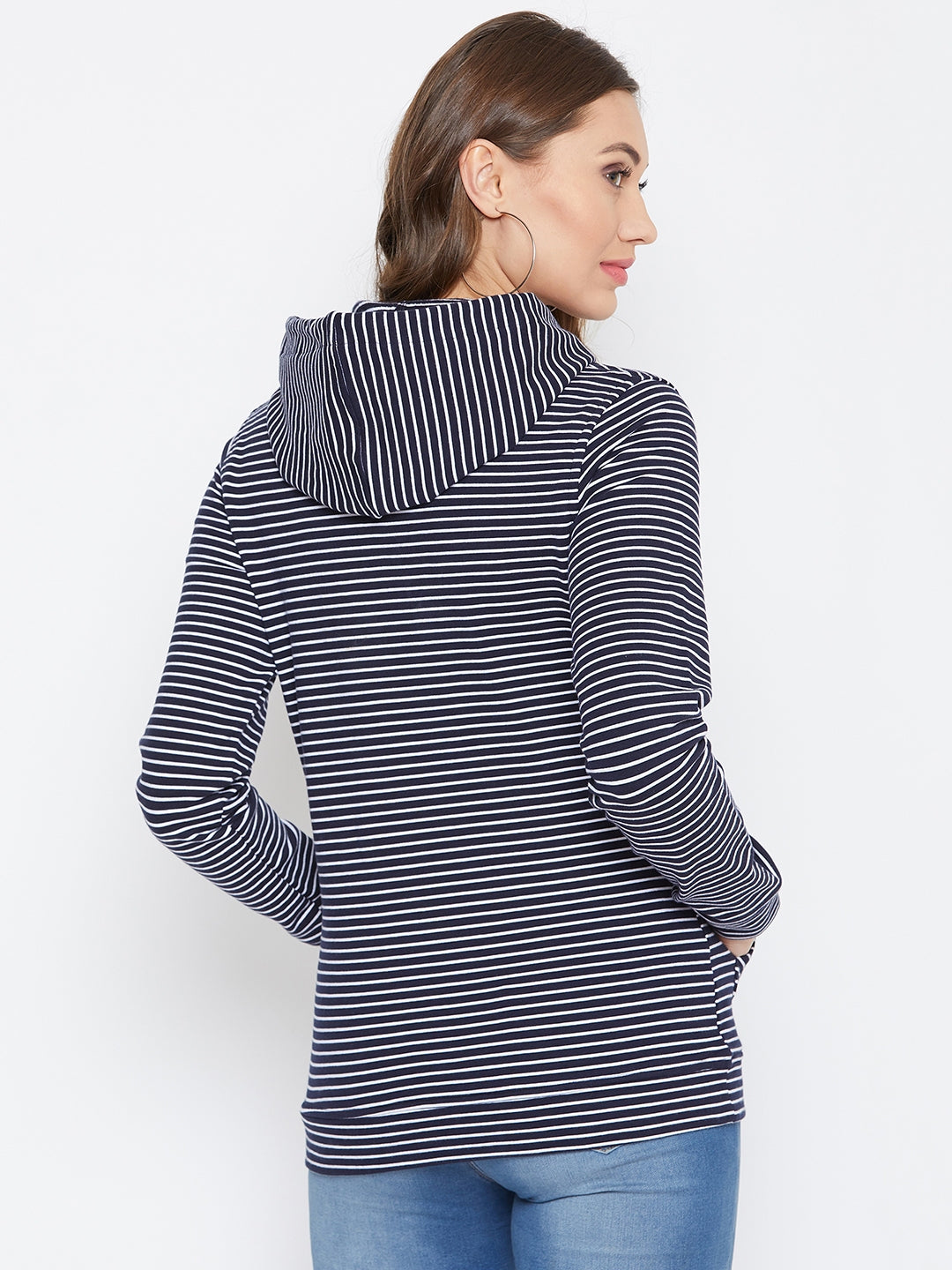 JUMP USA Women Navu Blue And White Striped Hoodies Sweatshits - JUMP USA