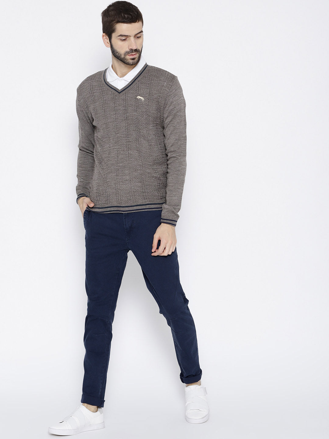 Men Beige self Design Pullover - JUMP USA