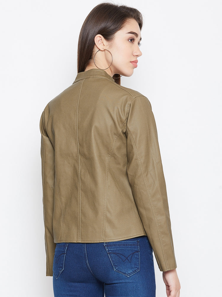 JUMP USA Women Khaki Solid Biker Jacket - JUMP USA