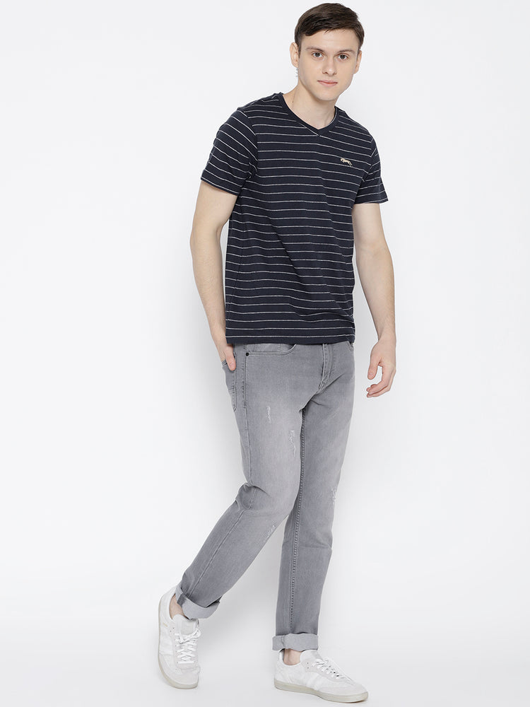 Men Navy Blue Striped V-Neck T-shirt - JUMP USA