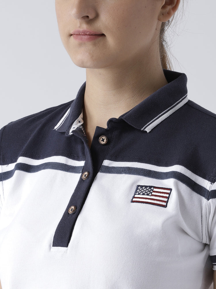 Women White and Navy Blue Polo T-shirt - JUMP USA