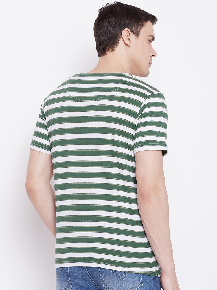 JUMP USA Men Green Striped V-neck Tshirt - JUMP USA