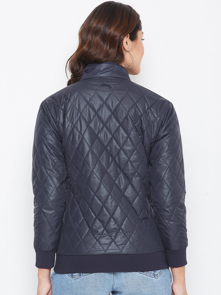 JUMP USA Women Navy Blue Self Design Jacket - JUMP USA