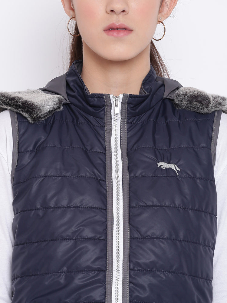Women Navy Blue Casual Quilted Jacket - JUMP USA