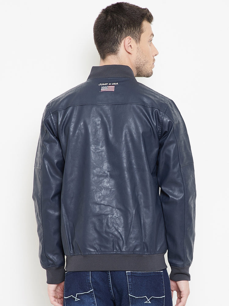 JUMP USA Navy Solid Casual PU Leather Varsity Jacket - JUMP USA