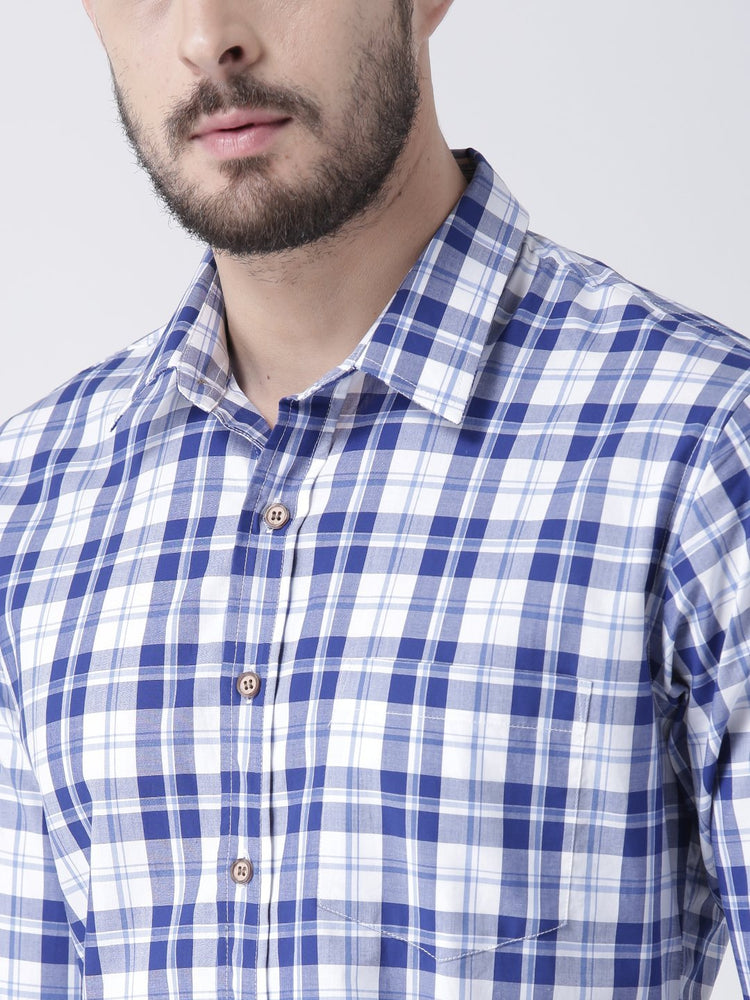 Men Navy Blue Checked Cotton Slim Fit Shirt - JUMP USA