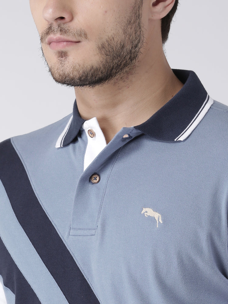 Men Casual Solid Blue Polo Collar T-Shirt - JUMP USA