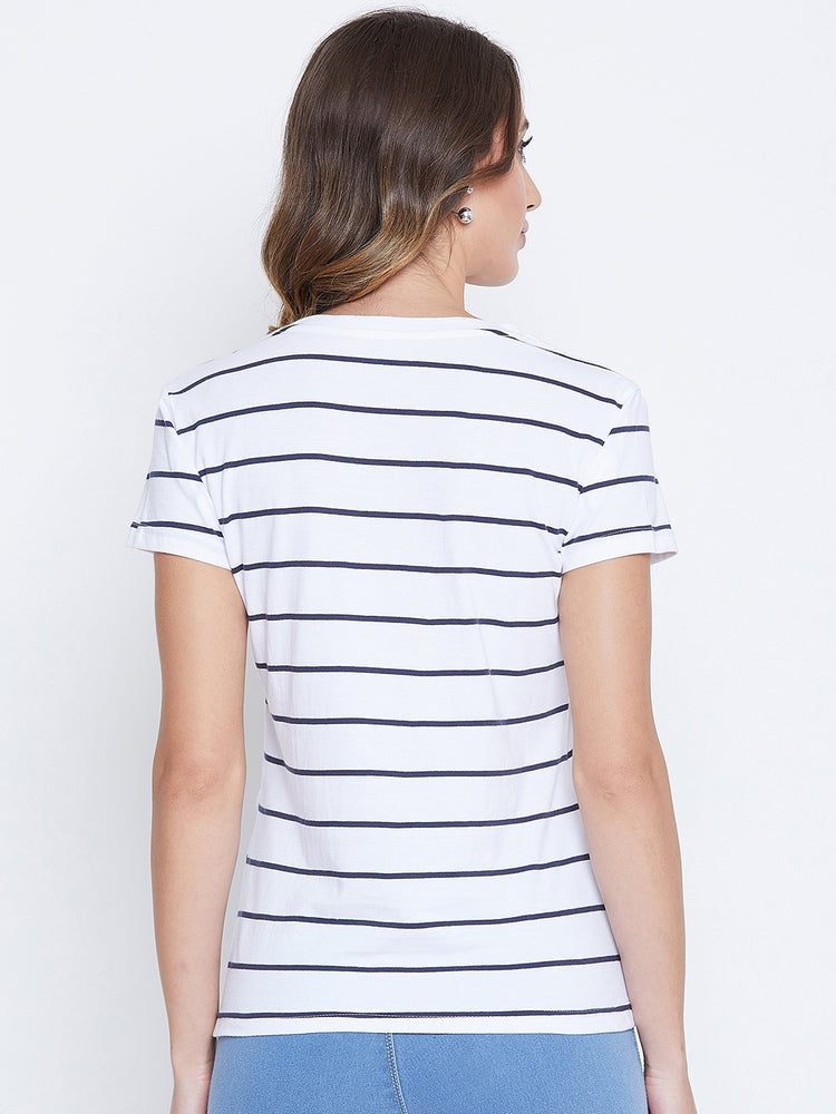 JUMP USA Women Navy Blue Striped V-neck T-shirt - JUMP USA