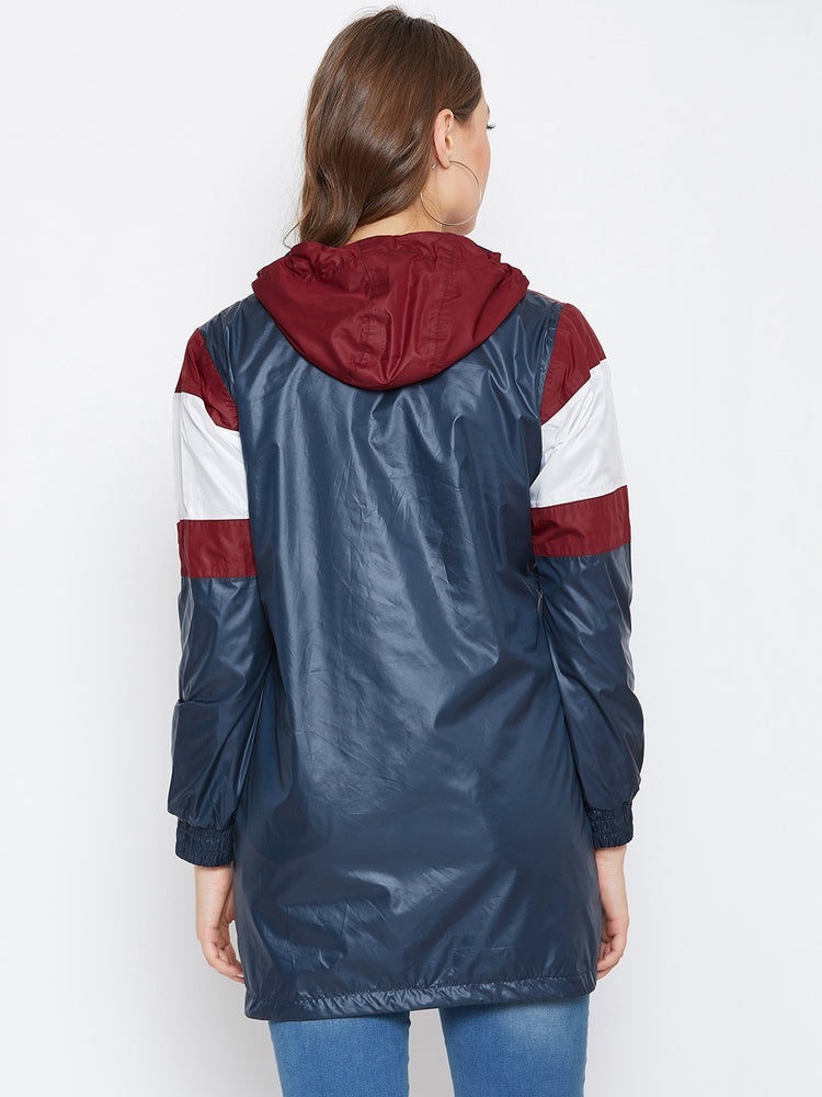 JUMP USA Women Navy Blue Colourblocked Windcheater Jacket - JUMP USA