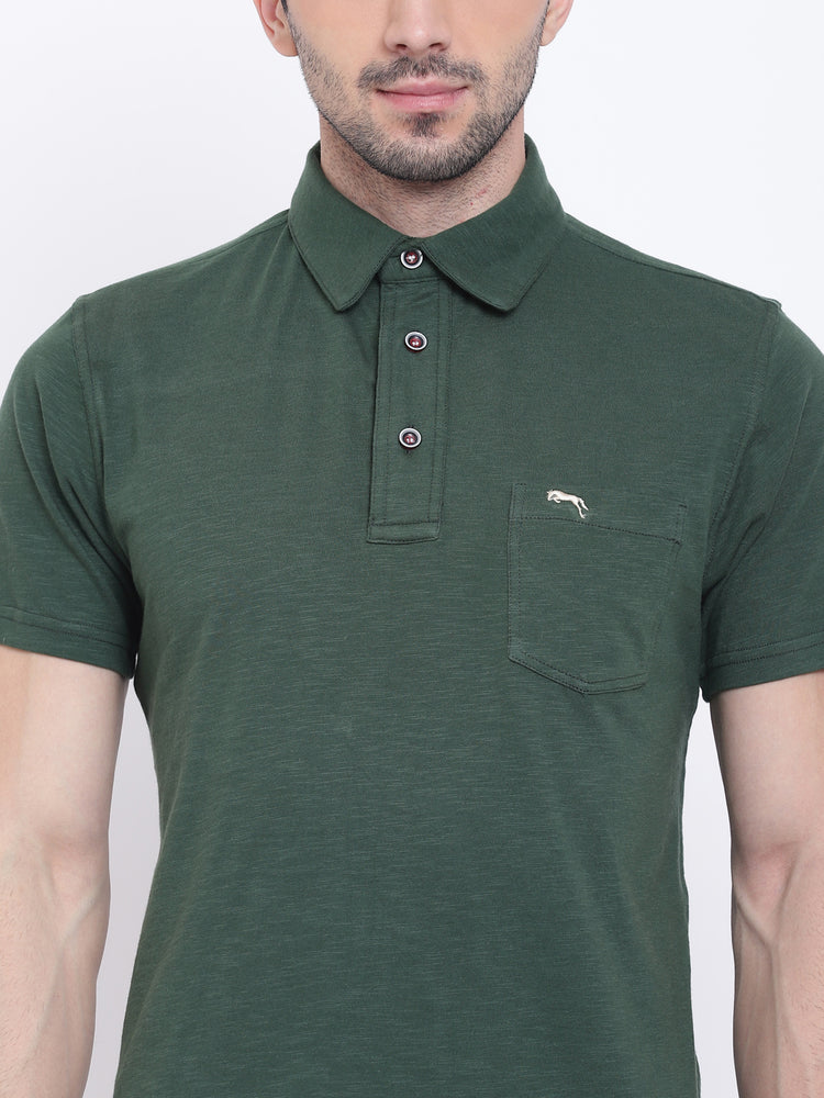 Men Casual Solid Green Polo Collar T-Shirt - JUMP USA