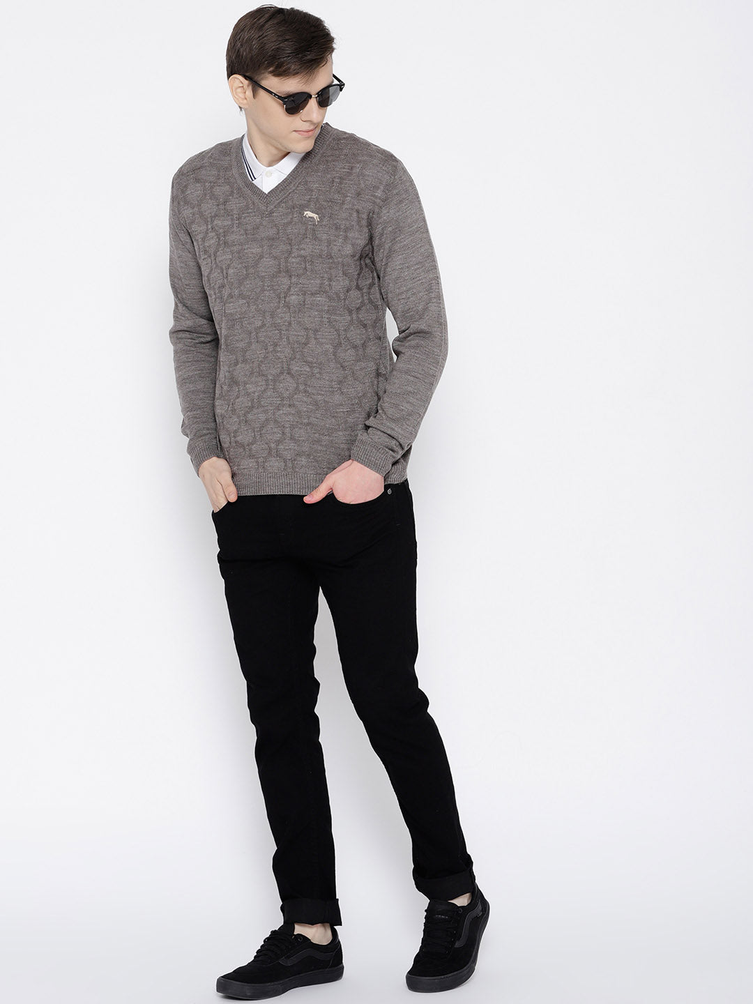 Men Beige self Design Pullover - JUMP USA