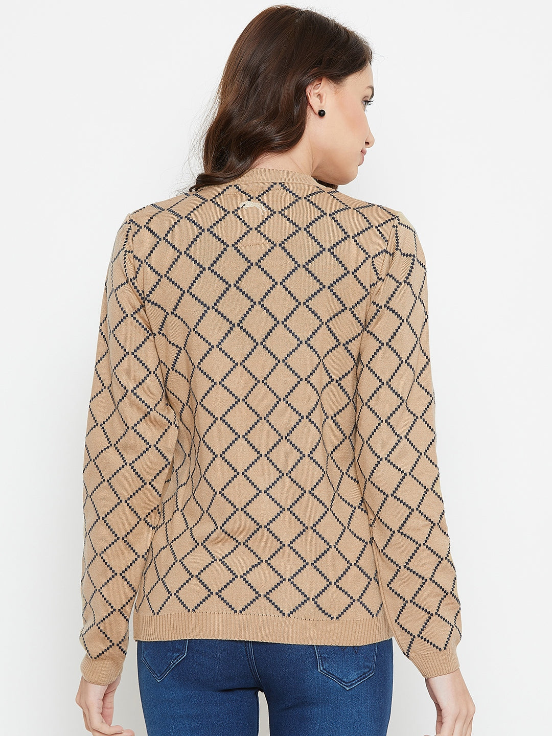 Women Safari & Navy Blue Acrylic Checked Sweater - JUMP USA