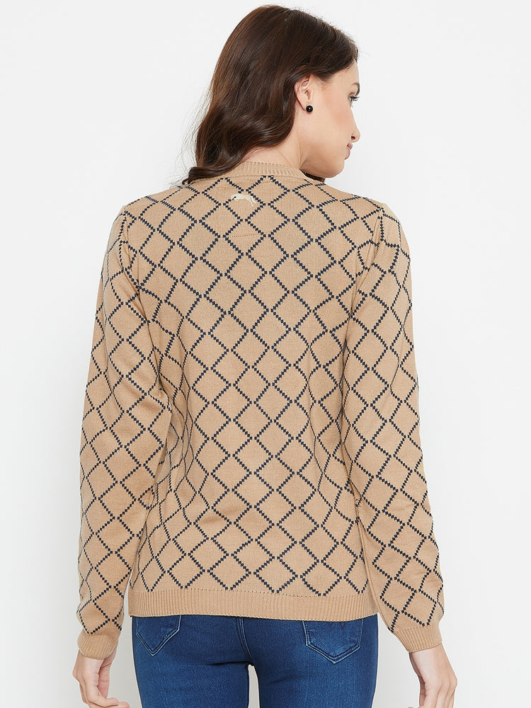 Women Safari & Navy Blue Acrylic Checked Sweater - JUMP USA
