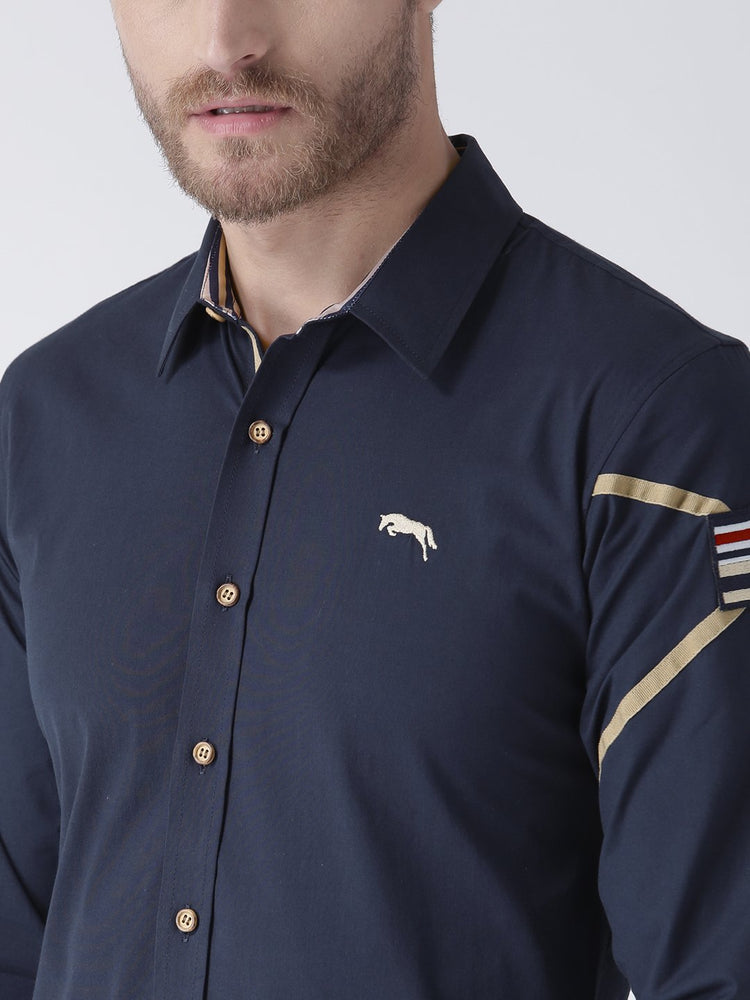 Men Navy Blue Solid Cotton Regular Fit Shirt - JUMP USA