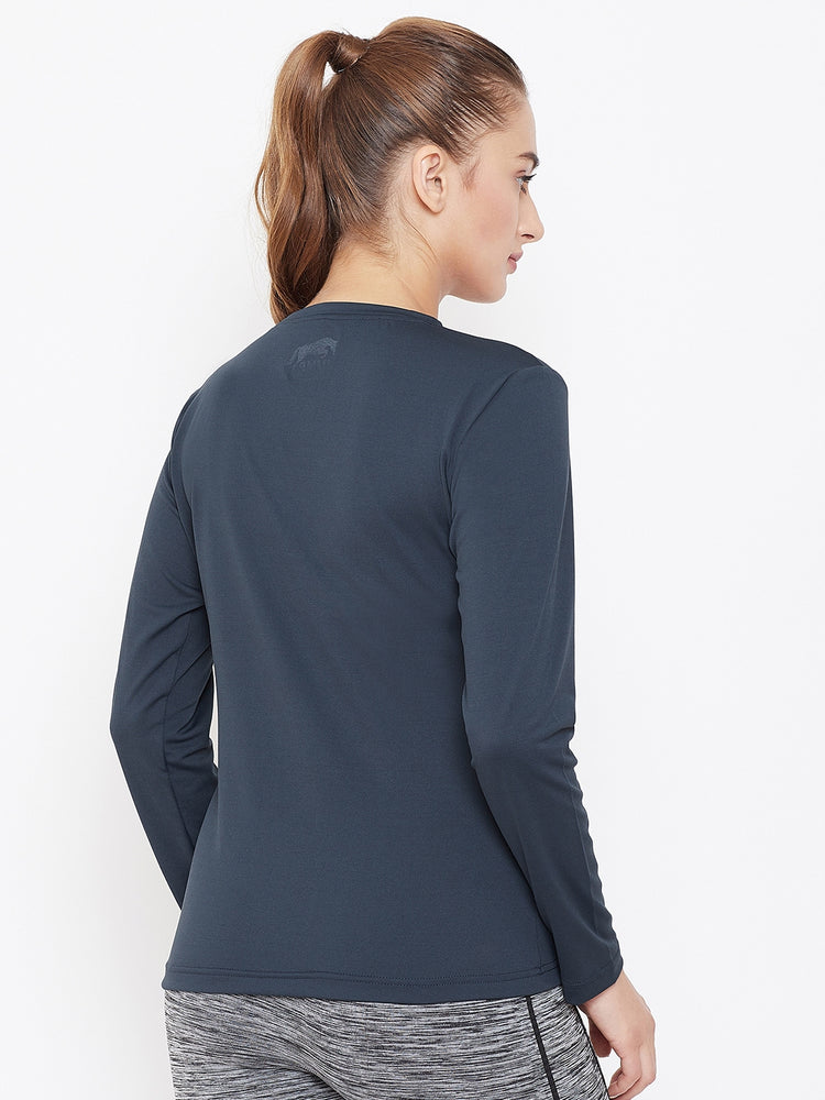 Women Navy Blue Active Wear V-Neck T-shirt - JUMP USA