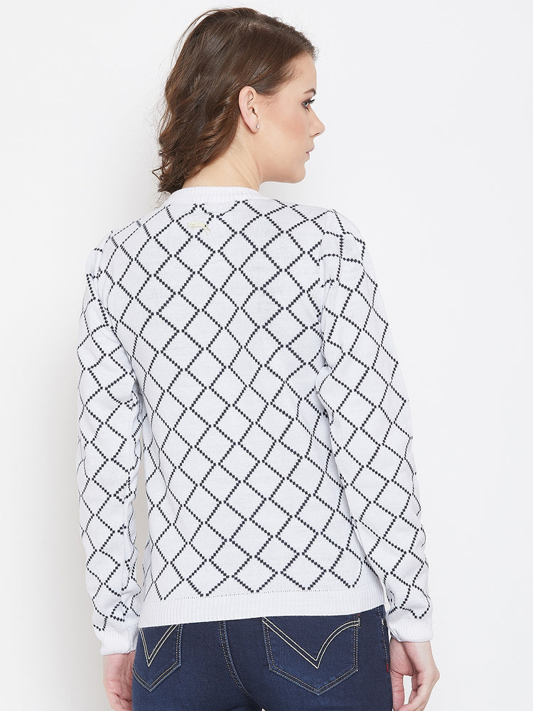 JUMP USA Women White & Navy Blue Acrylic Checked Sweater - JUMP USA