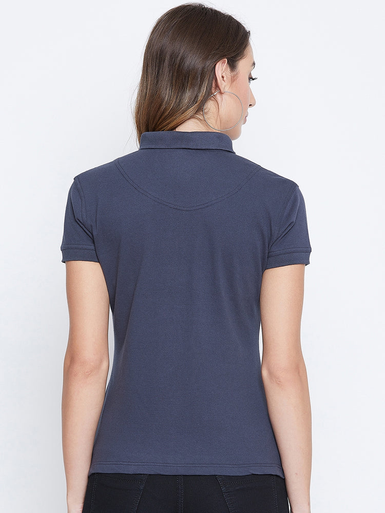JUMP USA Women Navy Blue And Pink Colour blocked PoloT-Shirts - JUMP USA