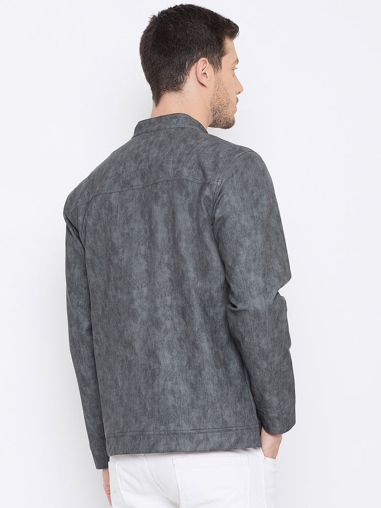 JUMP USA Men Grey Solid Casual Leather Jacket - JUMP USA