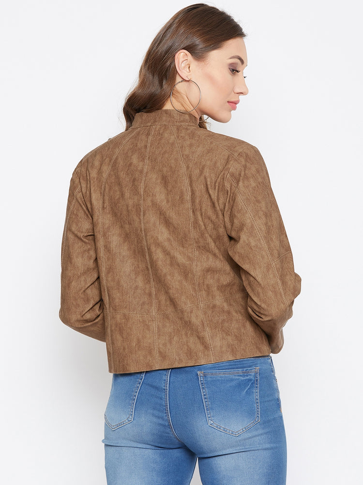 JUMP USA Women Tan Solid Casual Leather Jacket - JUMP USA