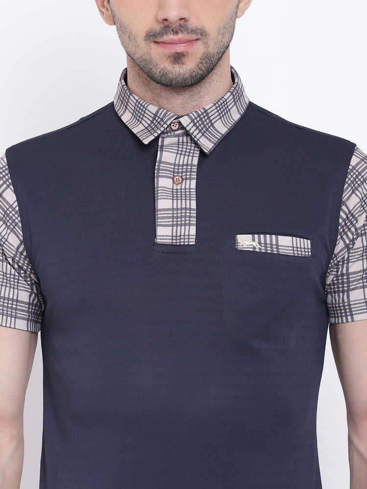 Men Casual Solid Navy Blue Polo Collar T-Shirt - JUMP USA
