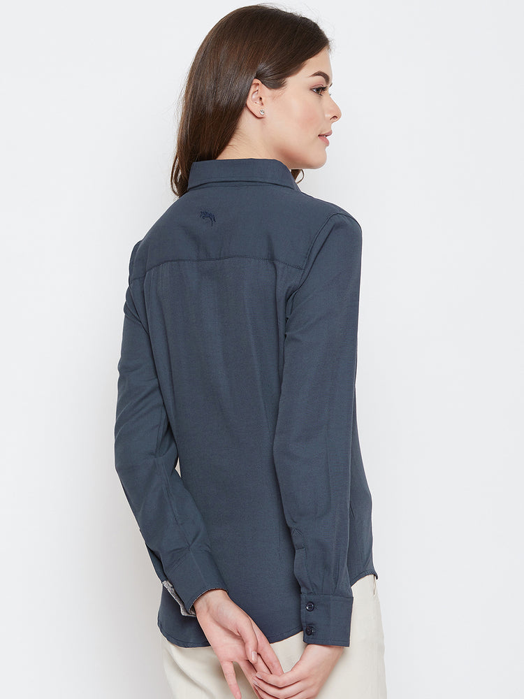 Women Navy Blue Solid Casual Slim Fit Shirt - JUMP USA