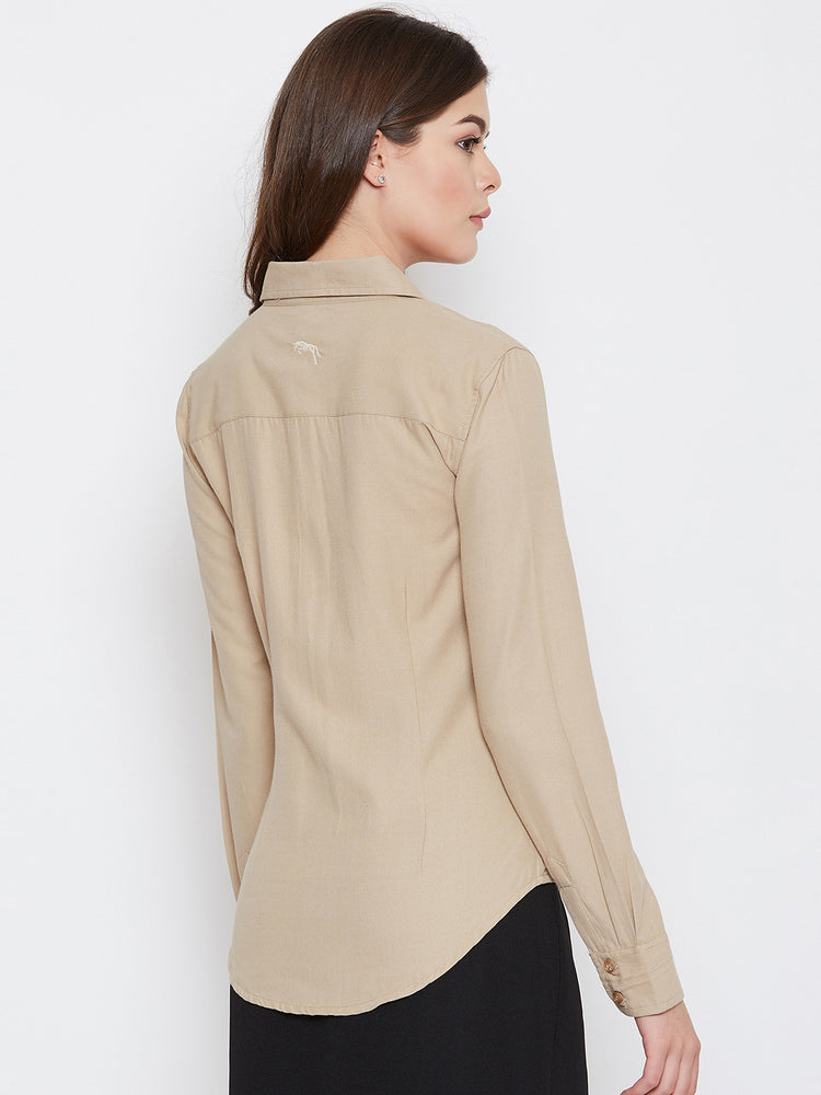 Women Beige Solid Casual Slim Fit Shirt - JUMP USA